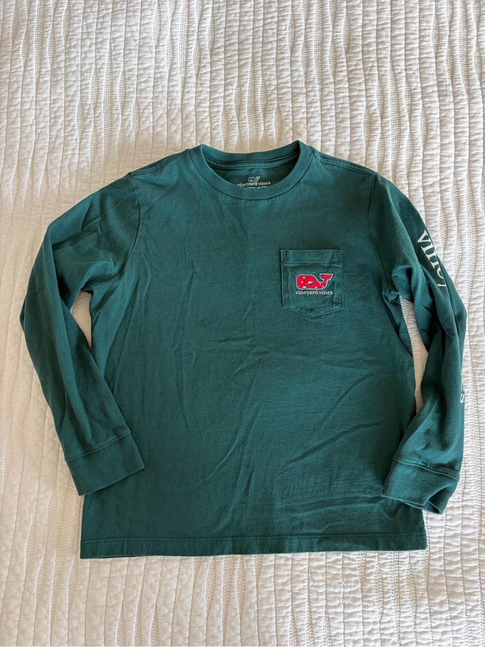 Vineyard Vines Kids Long-Sleeve Pocket Tee in Teal Green with Red Whale